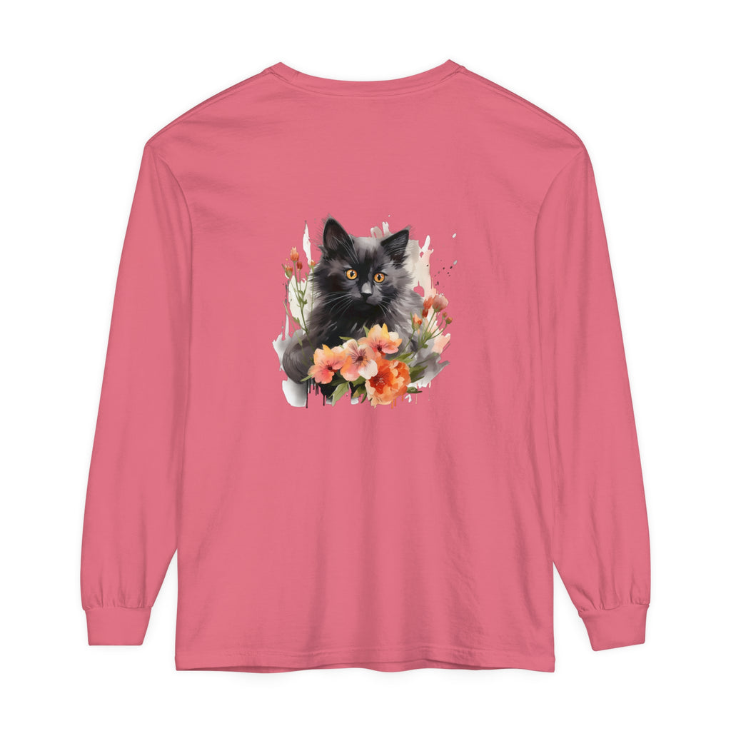 Black Cat & Flowers Watercolor T-Shirt with vibrant watercolor design, perfect for cat lovers