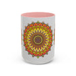 A vibrant mandala mug featuring colorful art against a grey background