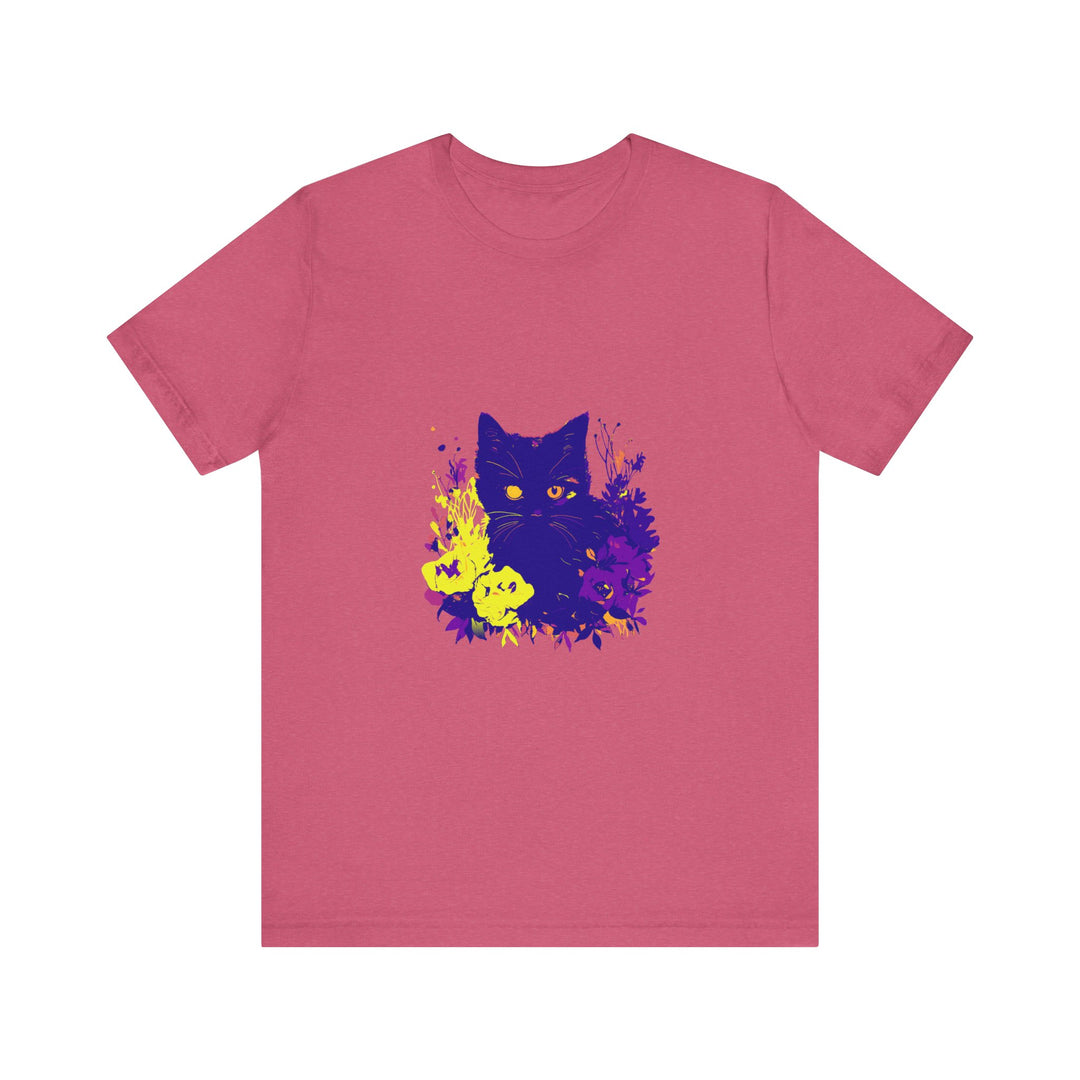 A striking black cat mystery neon flower t-shirt with vibrant and eye-catching design