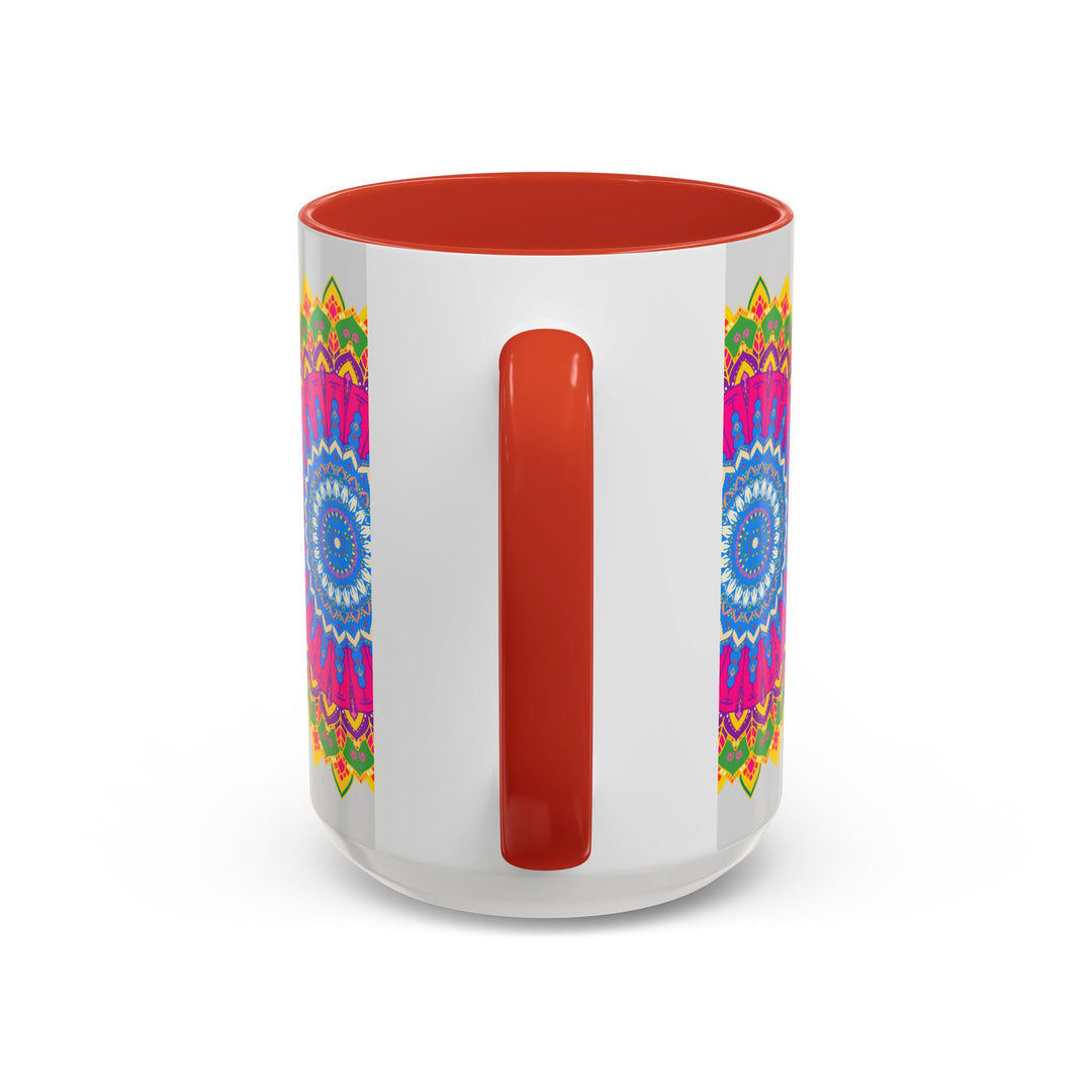 Colorful geometric design mandala art mug with intricate patterns and vibrant colors