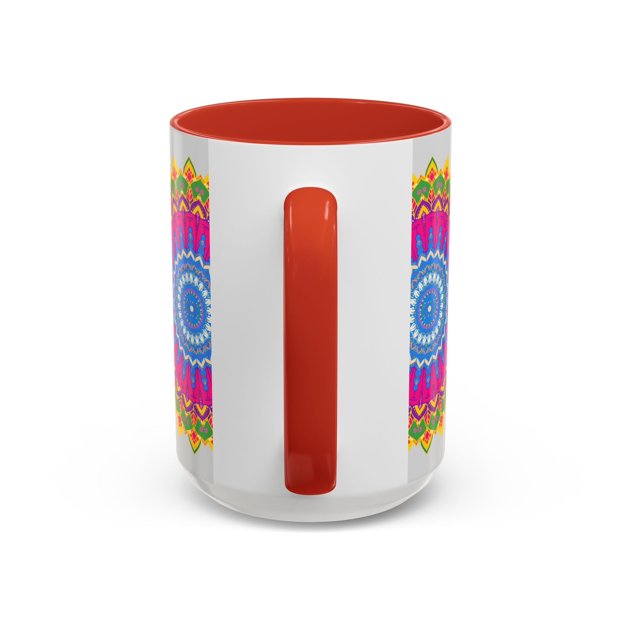 Colorful geometric design mandala art mug with intricate patterns and vibrant colors