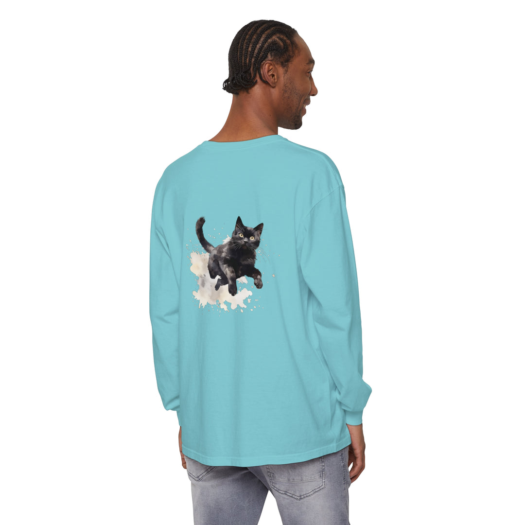 A black cat with vibrant watercolor splash design on a t-shirt