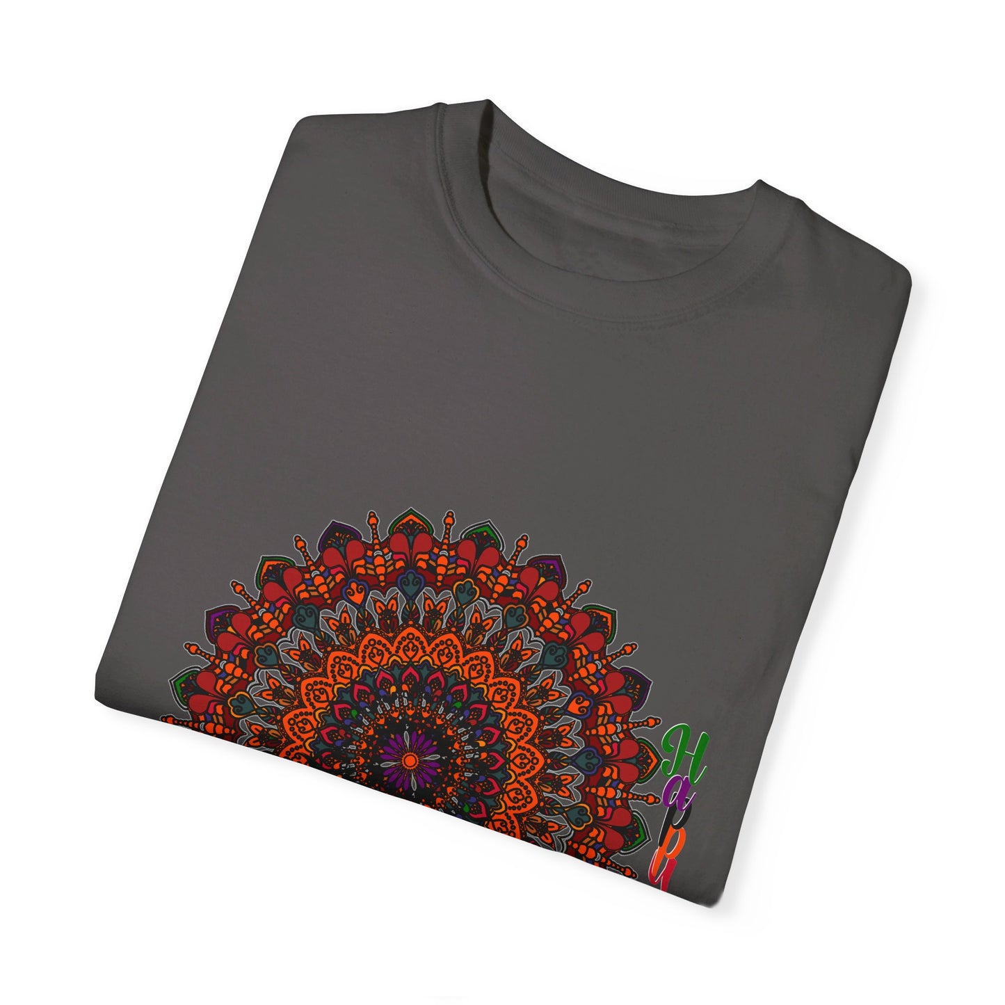 Unisex Halloween Mandala T-shirt with Handmade Pumpkin Mandala Art on Garment-Dyed Tee