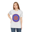 Vibrant and intricate geometric mandala design on a colorful t-shirt