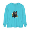 Black Cat Watercolor Splash Long Sleeve T-Shirt with vibrant, hand-painted feline design