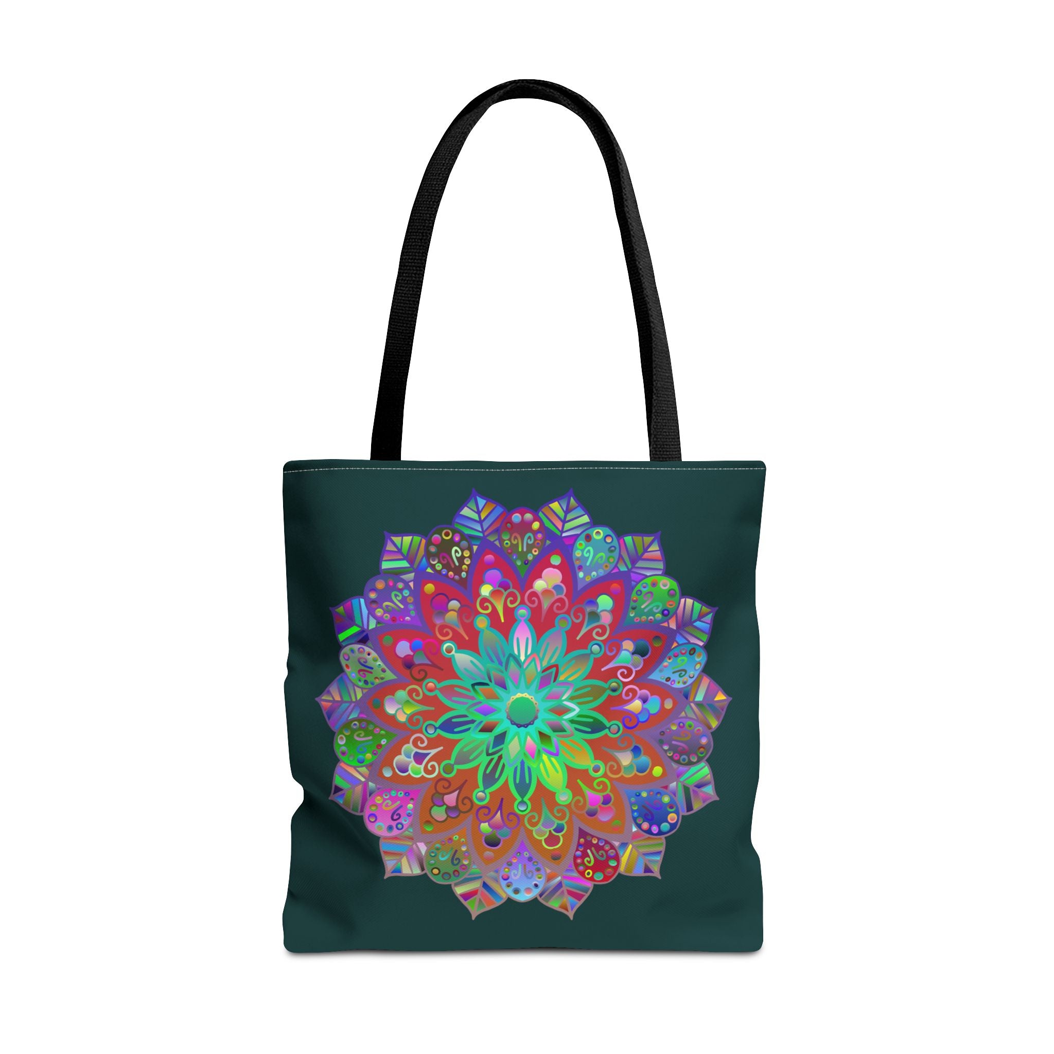 Large dark green tote bag with vibrant colorful mandala design