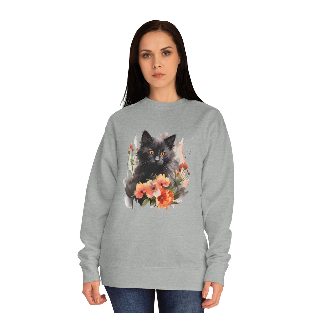Black Cat and Blossoming Flowers Soft Cotton Sweatshirt