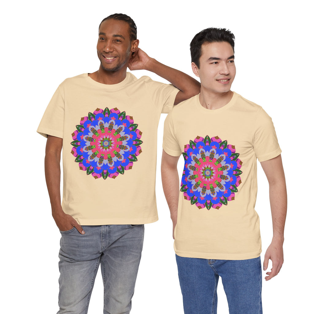 Vibrant, multicolored mandala geometric design t-shirt, perfect for adding a pop of color to any outfit