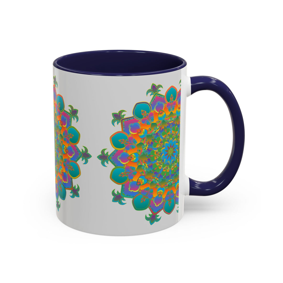 Beautiful handcrafted ceramic mug with a vibrant mandala design in various shades of blue, green, yellow, red, and purple, perfect for enjoying your favorite hot beverage in style