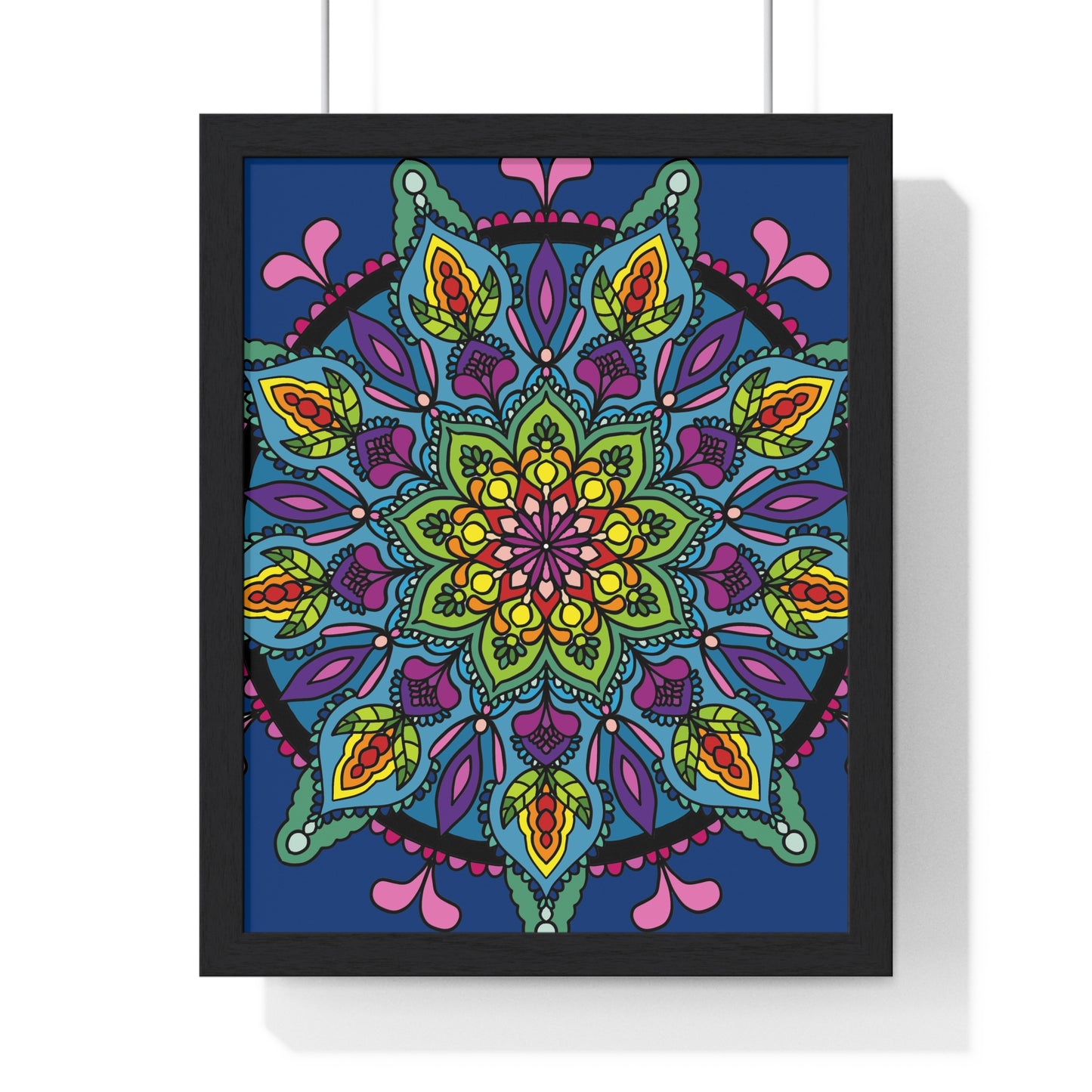 Hand-drawn vertical framed poster with a blue mandala, perfect for mindfulness and yoga