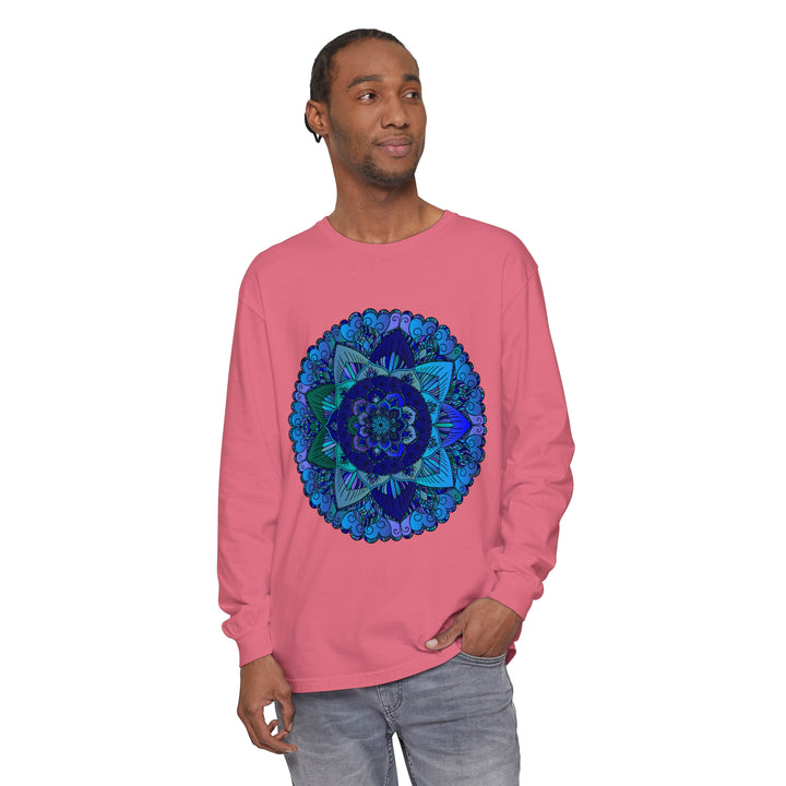 Dark blue and green mandala long sleeve t-shirt with intricate design