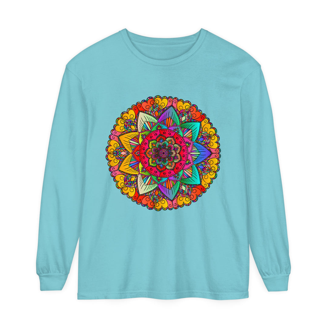 Colorful and intricate mandala design on a unisex long sleeve t-shirt