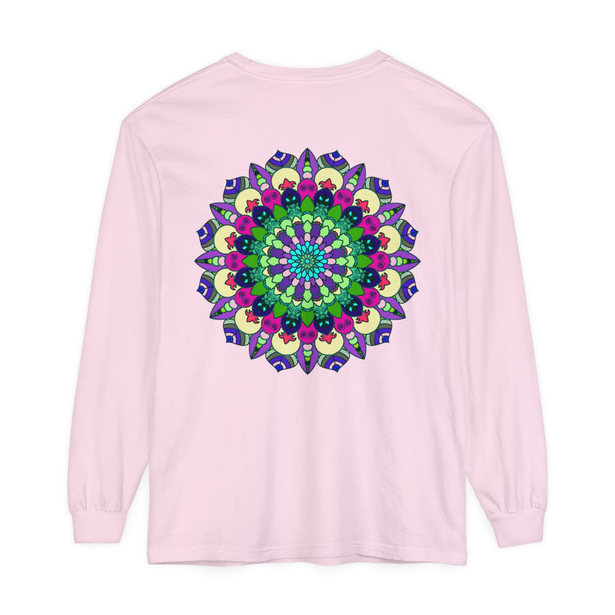 Colorful and intricate mandala design long sleeve t-shirt, suitable for both men and women, available in vibrant colors