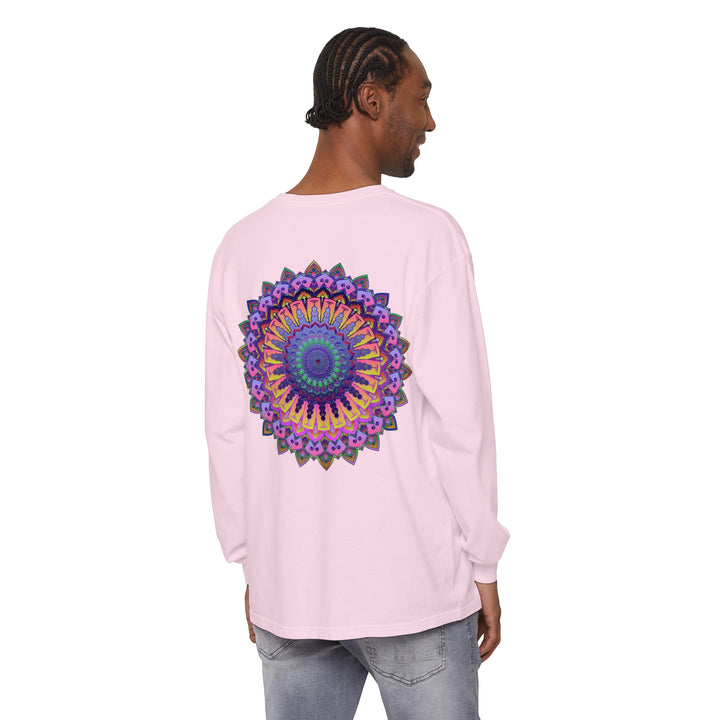 Intricate Mandala design in shades of blue and purple on Unisex Long Sleeve T-Shirt