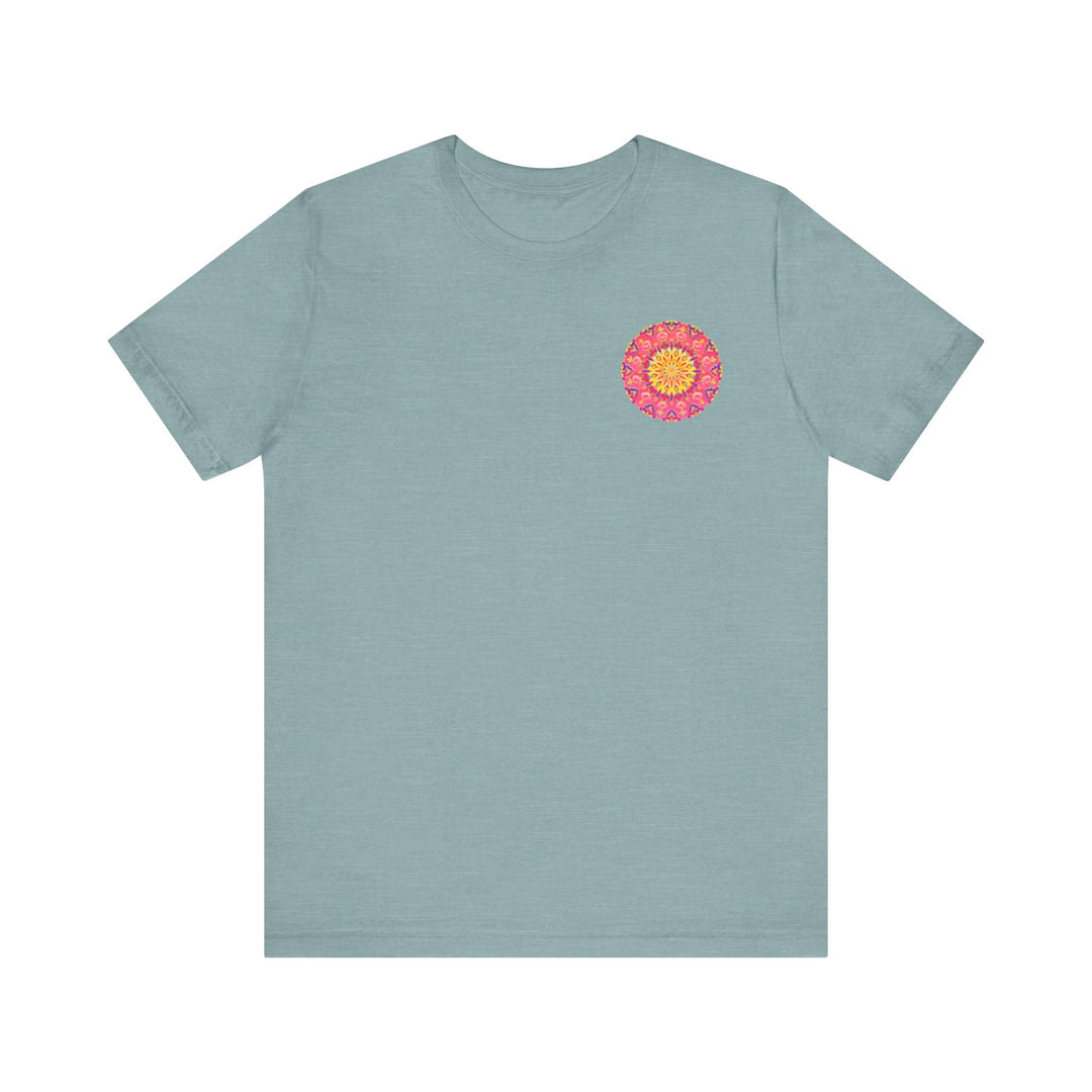 Beautiful pink and yellow mandala design t-shirt promoting peace and harmony