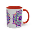 Beautiful light grey mug with vibrant mandala art design, perfect for adding a touch of elegance to your morning coffee routine