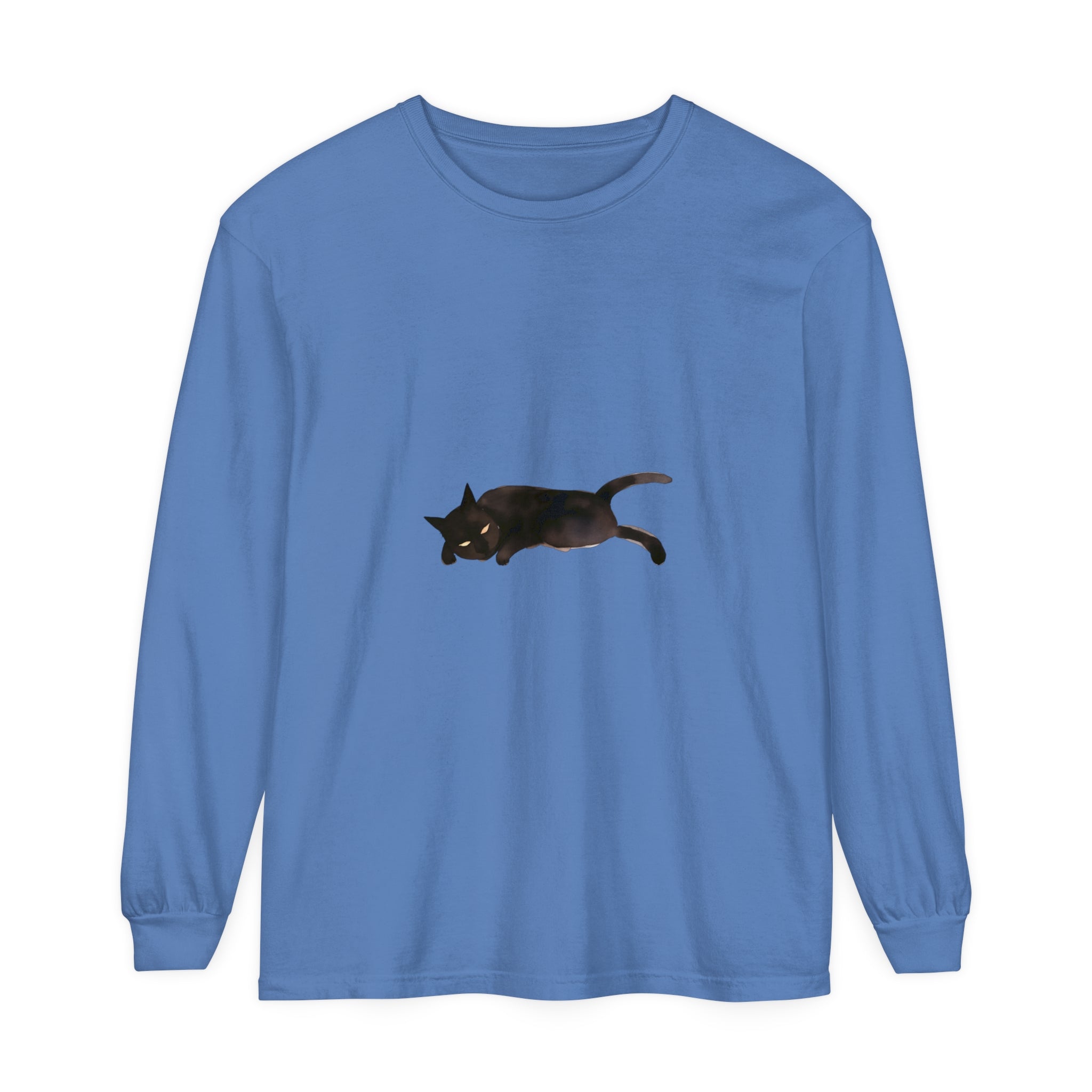 A cozy unisex long sleeve t-shirt featuring a sleeping black cat design