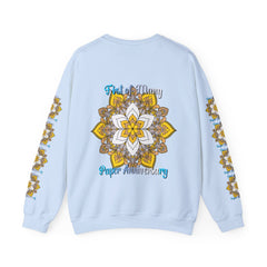 First Year Wedding Anniversary Gift - Unisex Heavy Blend™ Crewneck Sweatshirt featuring 'First of Many, Paper Anniversary' design in white text on a black sweatshirt