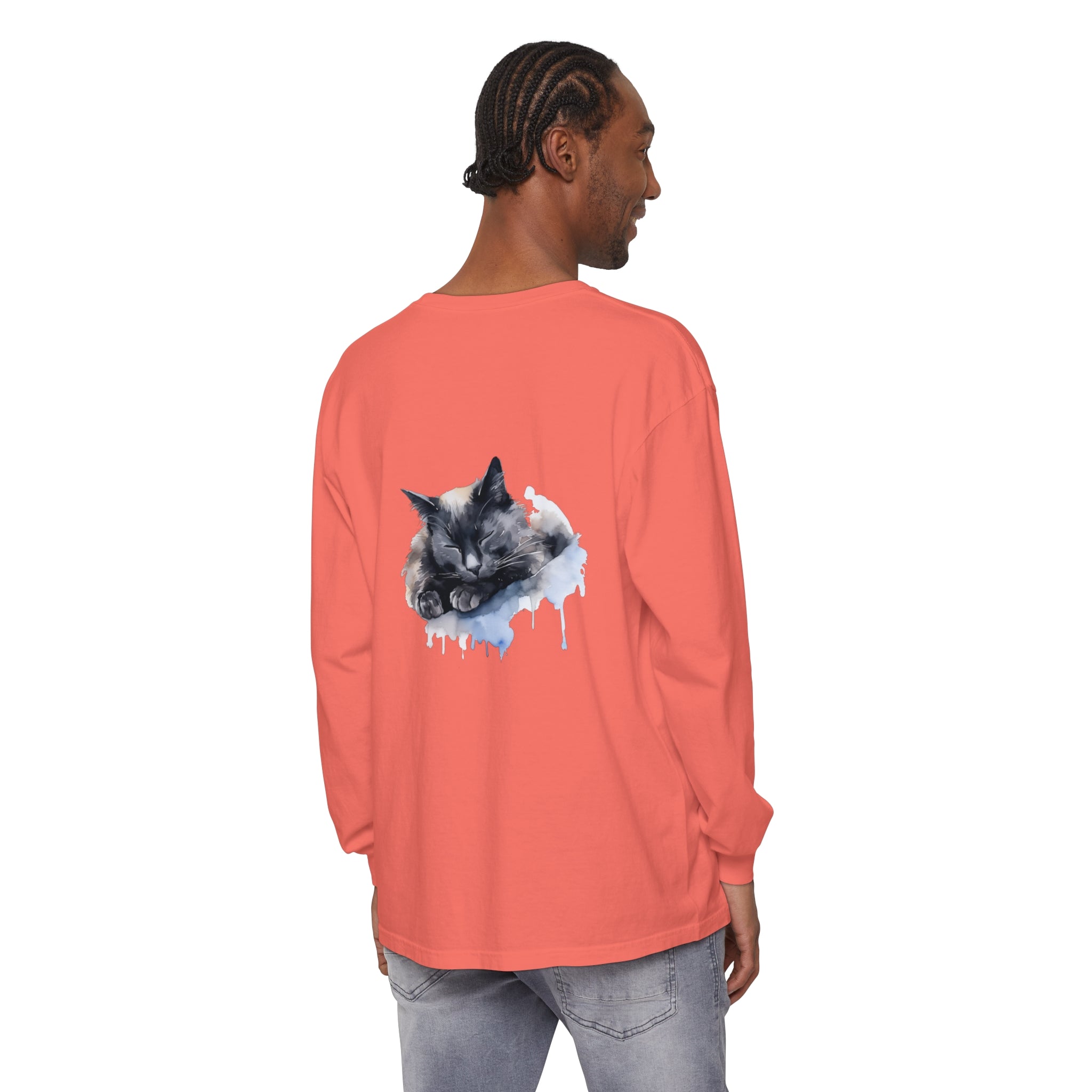 Watercolor illustration of a cute sleeping cat on a t-shirt