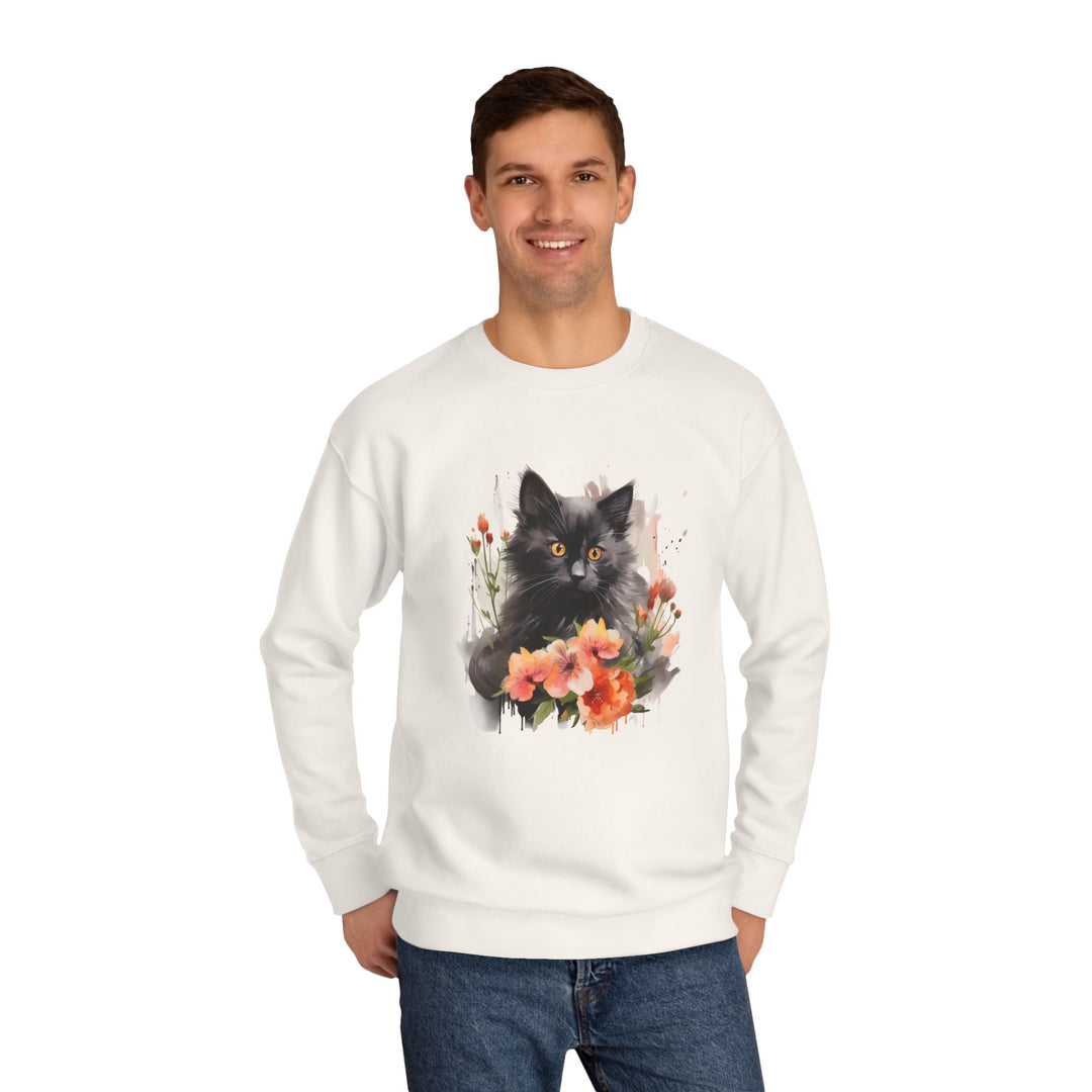 Black Cat and Blossoming Flowers Soft Cotton Sweatshirt