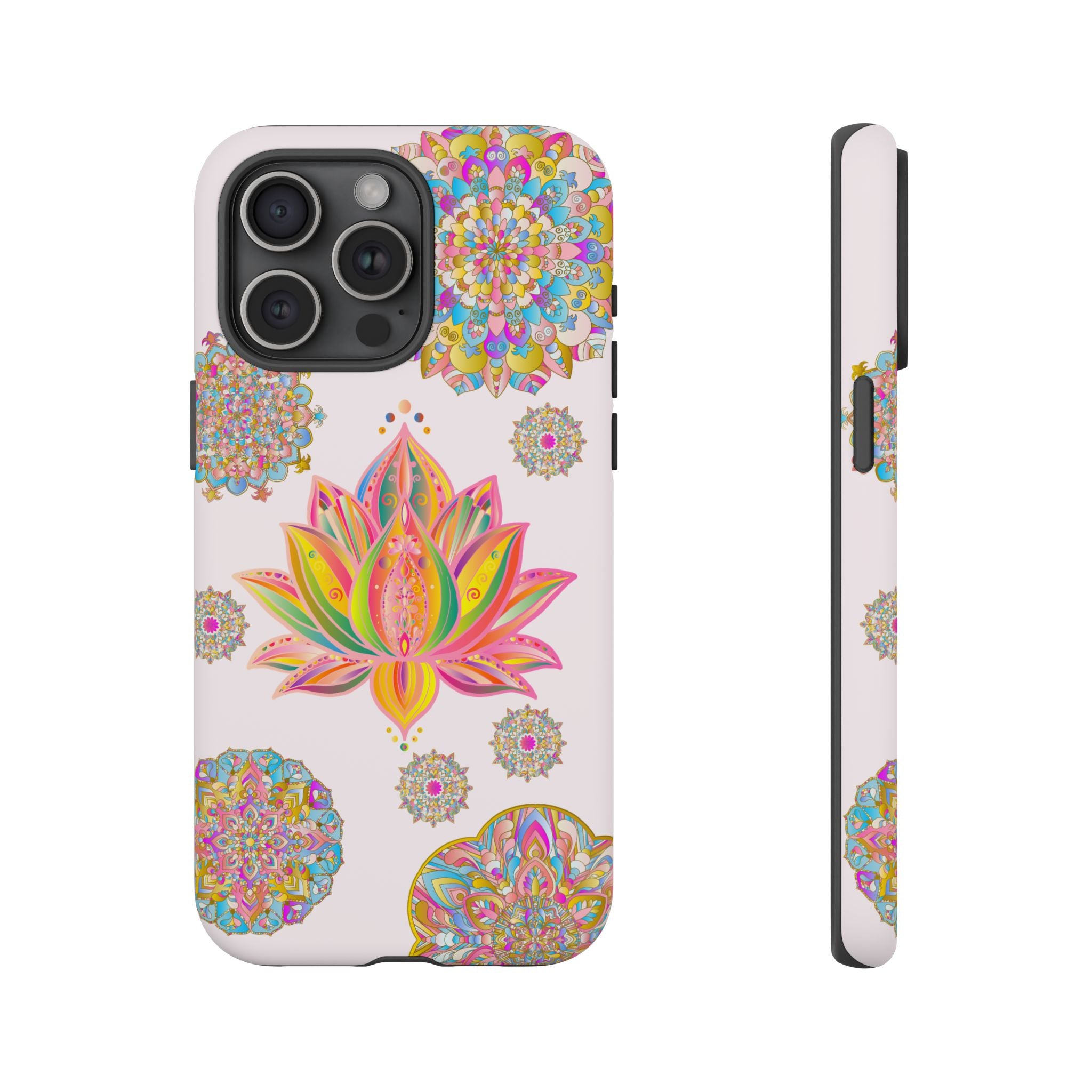 A light pink phone case with a mandala design featuring a beautiful lotus flower