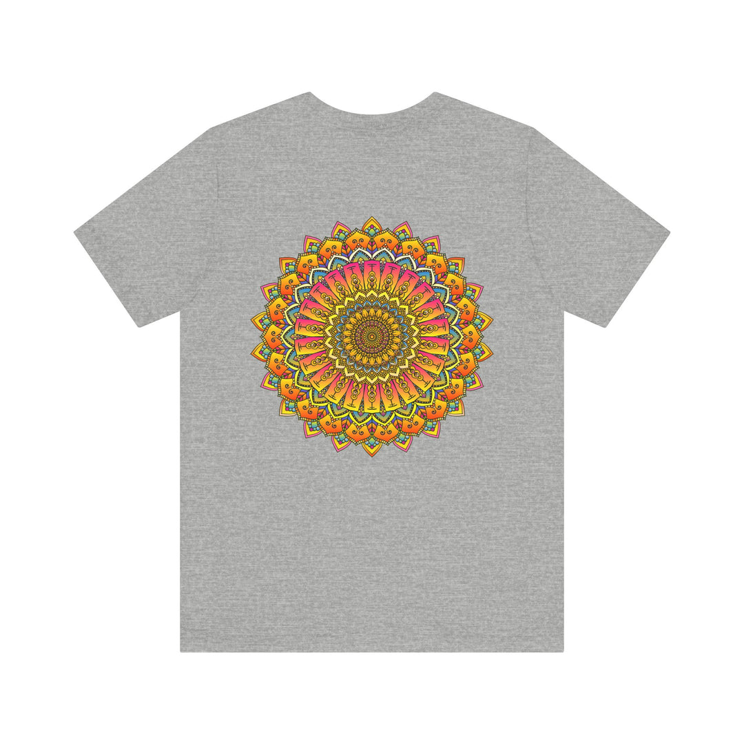 A colorful and intricate mandala tee shirt design, representing spiritual peace and harmony