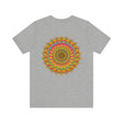 A colorful and intricate mandala tee shirt design, representing spiritual peace and harmony