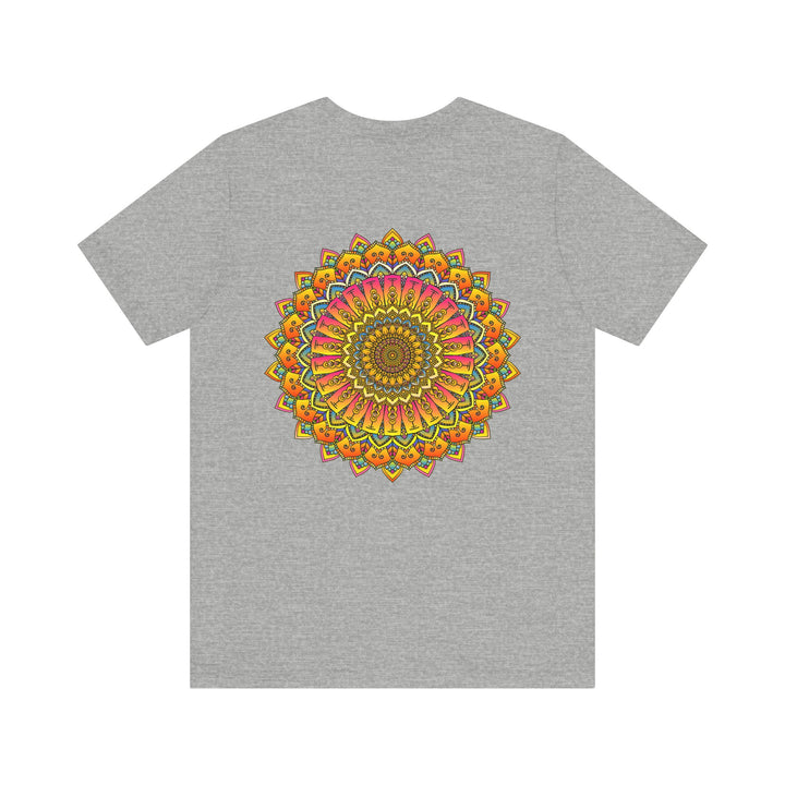 A colorful and intricate mandala tee shirt design, representing spiritual peace and harmony