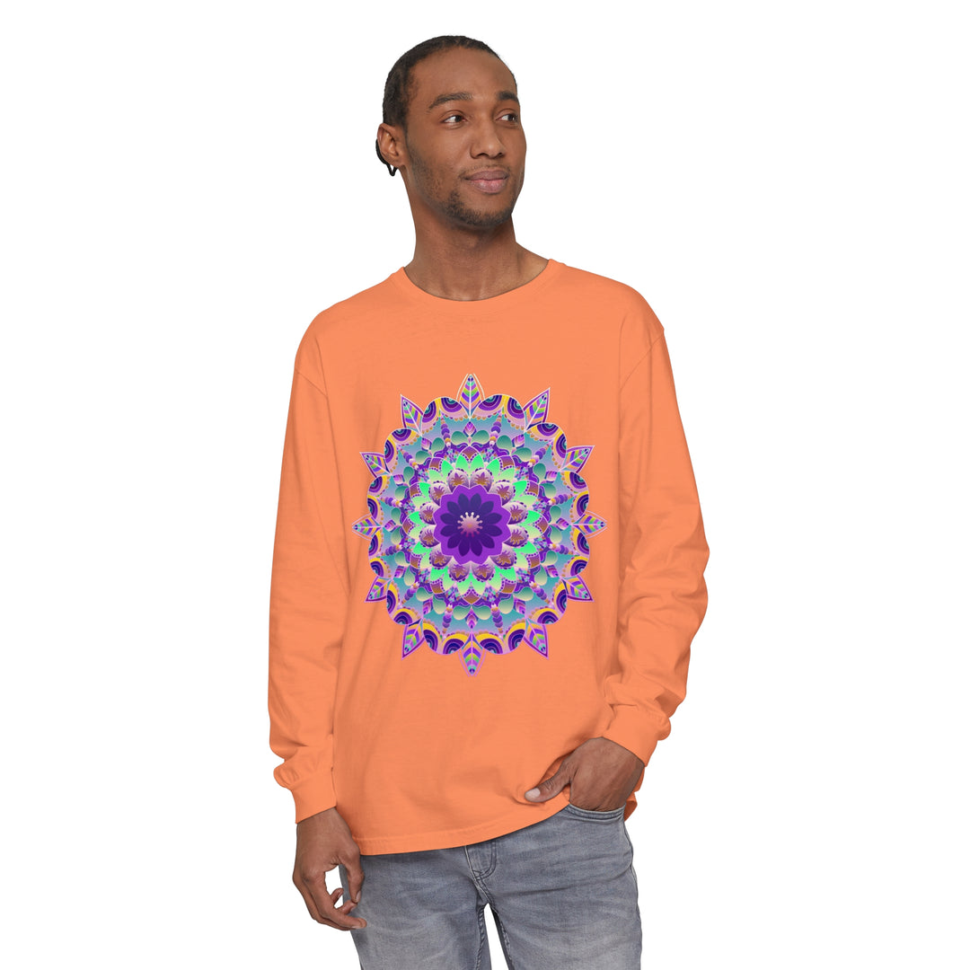 Colorful and intricate psychedelic mandala design on a long sleeve t-shirt