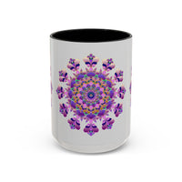 A close-up image of a ceramic Mandala Mug in vibrant purple and pink with a delicate floral design, perfect for enjoying your favorite hot beverages in style