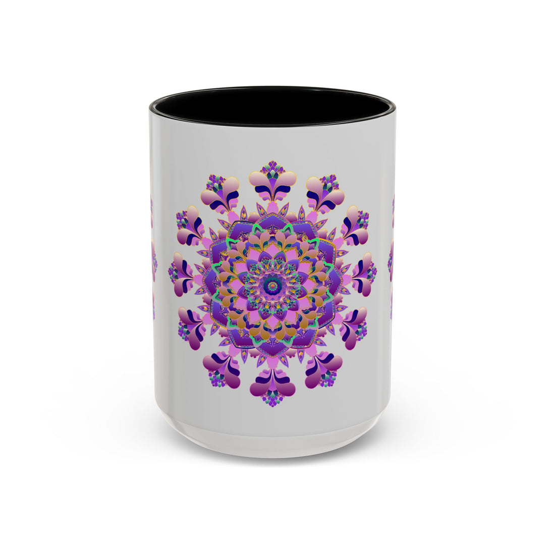 A close-up image of a ceramic Mandala Mug in vibrant purple and pink with a delicate floral design, perfect for enjoying your favorite hot beverages in style