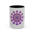 A close-up image of a ceramic Mandala Mug in vibrant purple and pink with a delicate floral design, perfect for enjoying your favorite hot beverages in style