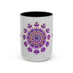 A close-up image of a ceramic Mandala Mug in vibrant purple and pink with a delicate floral design, perfect for enjoying your favorite hot beverages in style