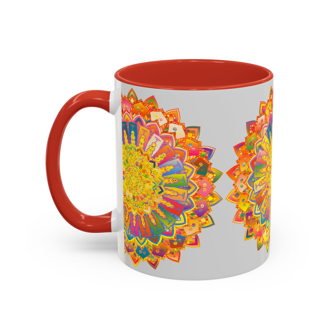 A beautiful and vibrant mandala design on a grey mug