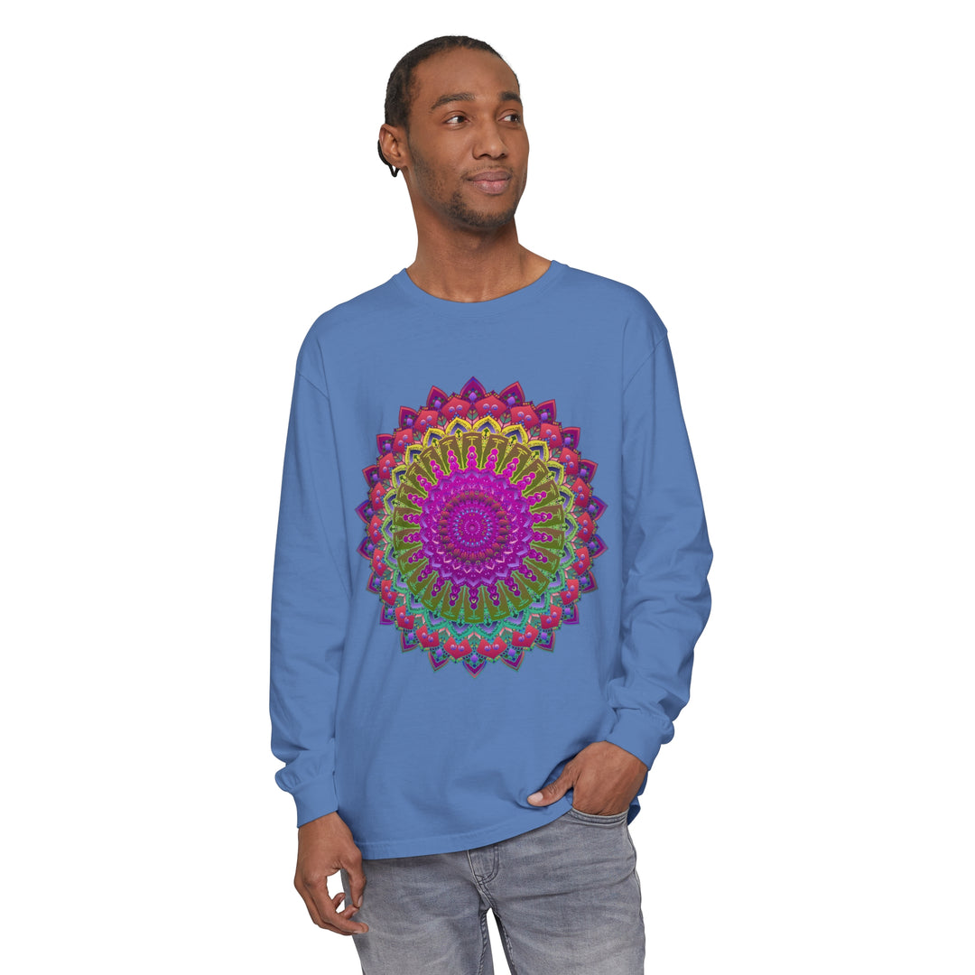 Person Expressing Individuality in Vibrant Mandala Unisex Long Sleeve T-Shirt