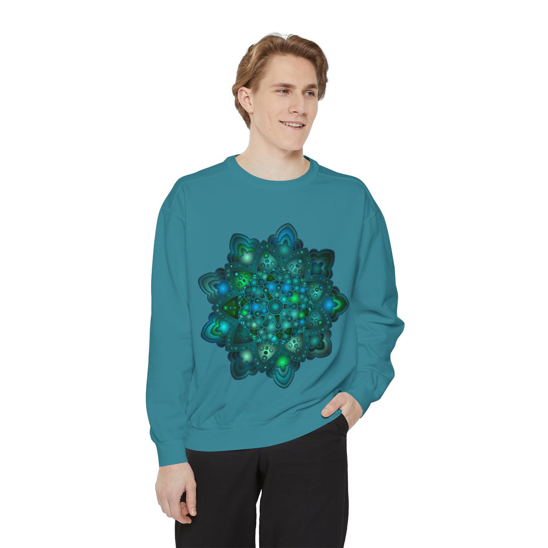 Intricate Blue and Green Mandala Sweatshirt with Detailed Geometric Design and Vibrant Colors