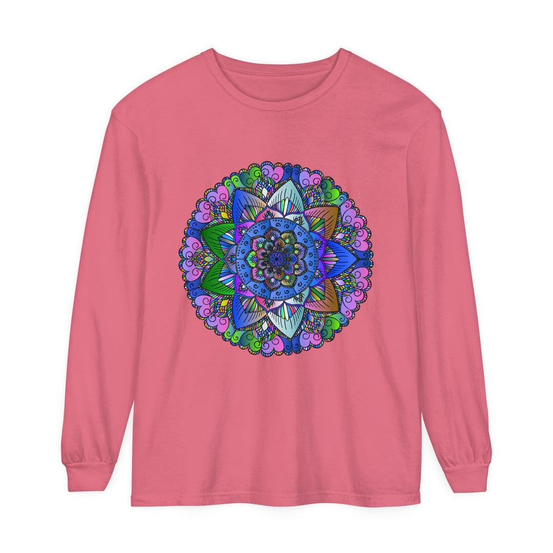 Colorful and intricate mandala design on a unisex long sleeve t-shirt