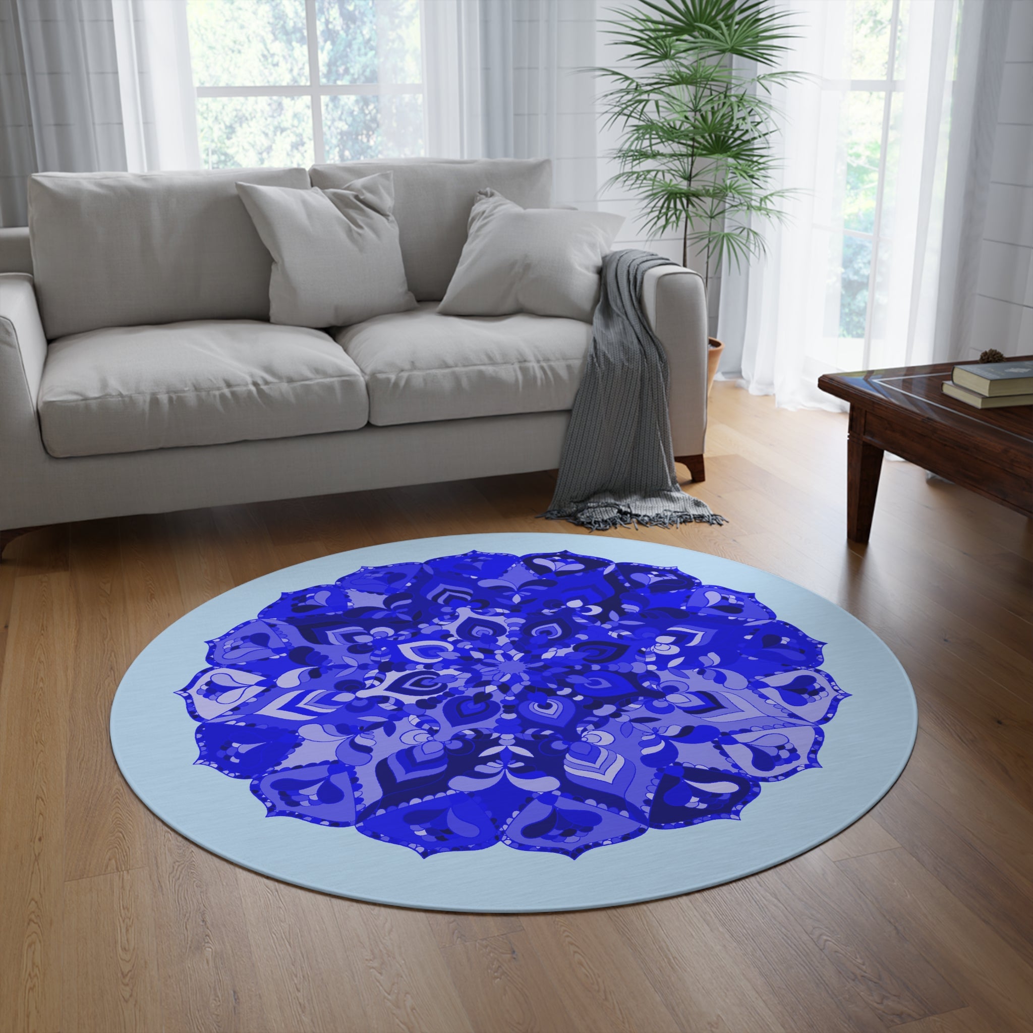 Blue Mandala Round Rug — Bohemian Decorative Floor Mat for Living Room, Bedroom, Meditation