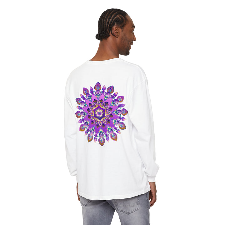 Vibrant purple and gold mandala long sleeve t-shirt with intricate design