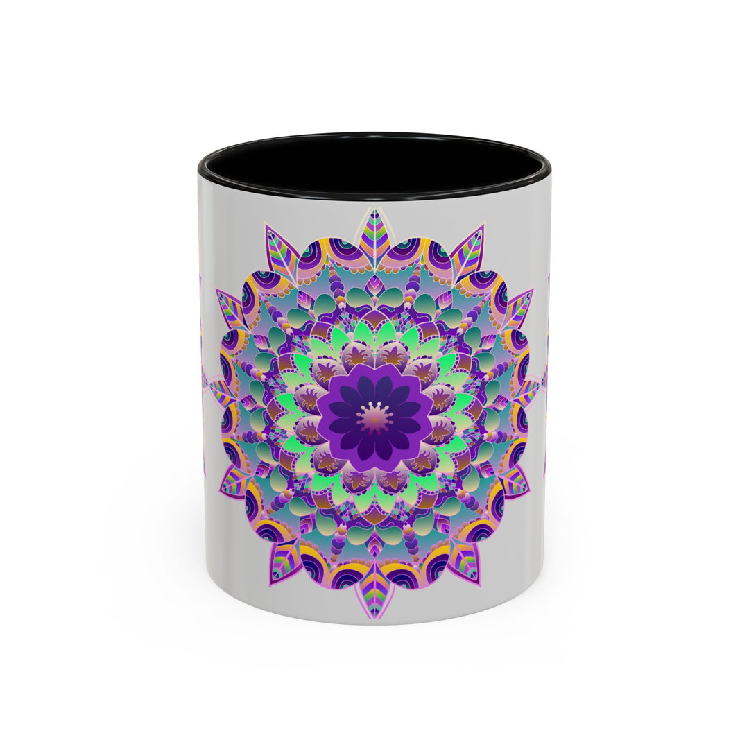 Beautiful light grey mug with a vibrant mandala art design