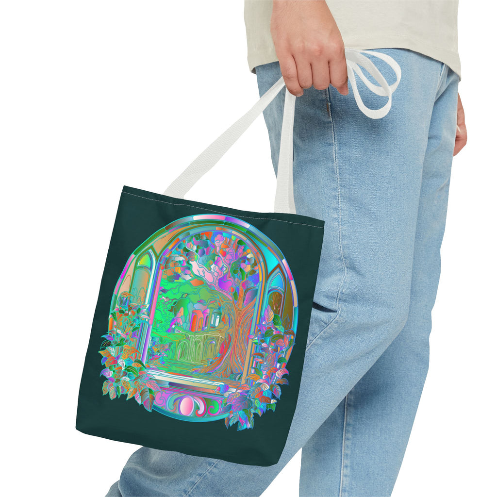 Colorful and intricate Mystical Nature Mandala Tote Bag with vibrant design