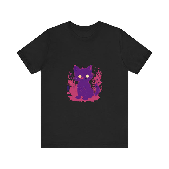 A whimsical and playful purple t-shirt featuring a mysterious cat design