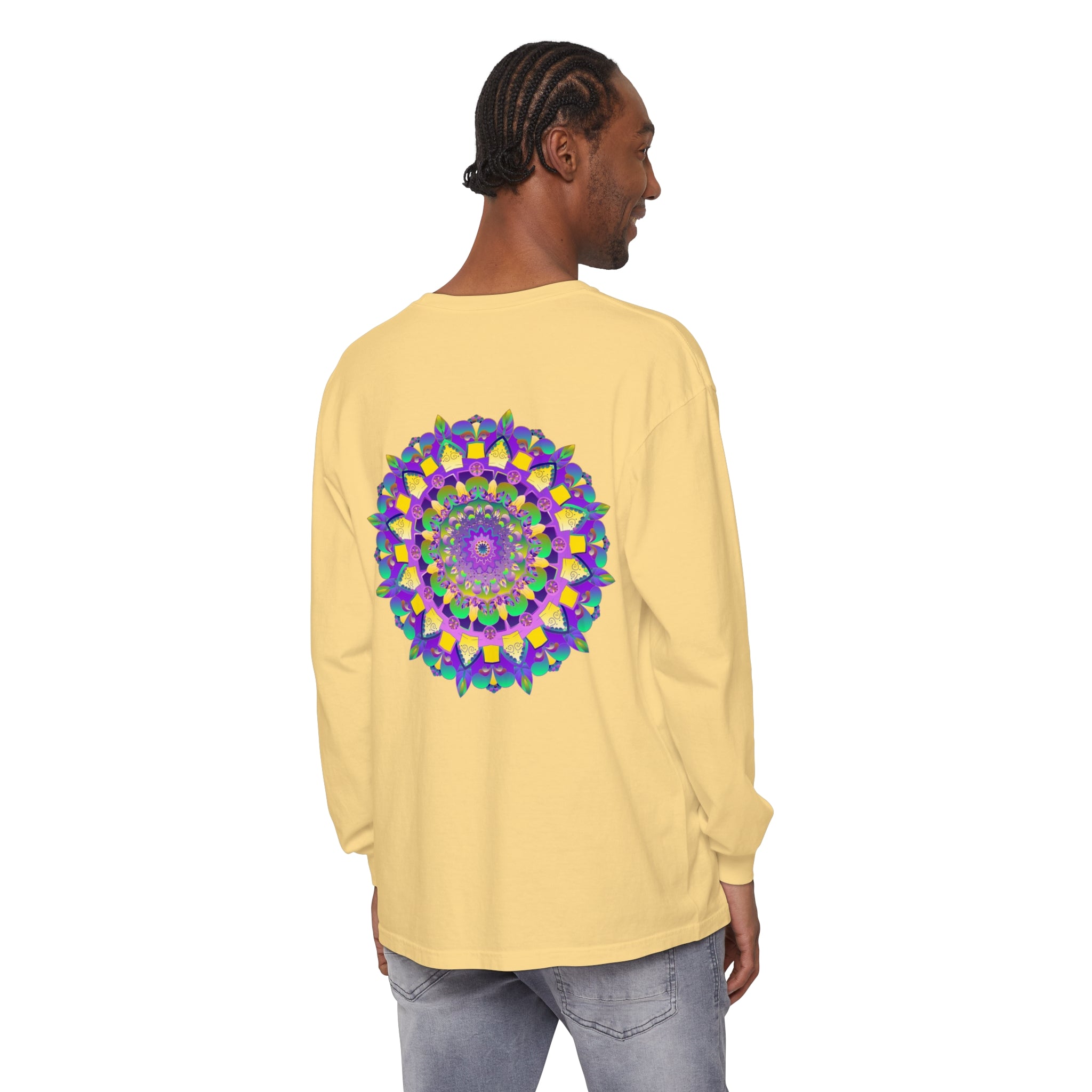 Colorful and intricate mandala design long sleeve unisex t-shirt in vibrant hues