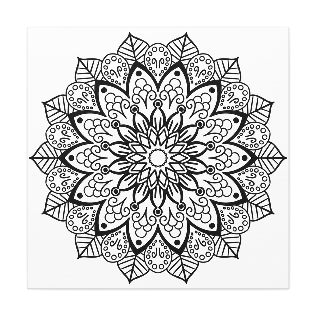 Handmade black and white mandala art on matte canvas, stretched and 125 inches thick