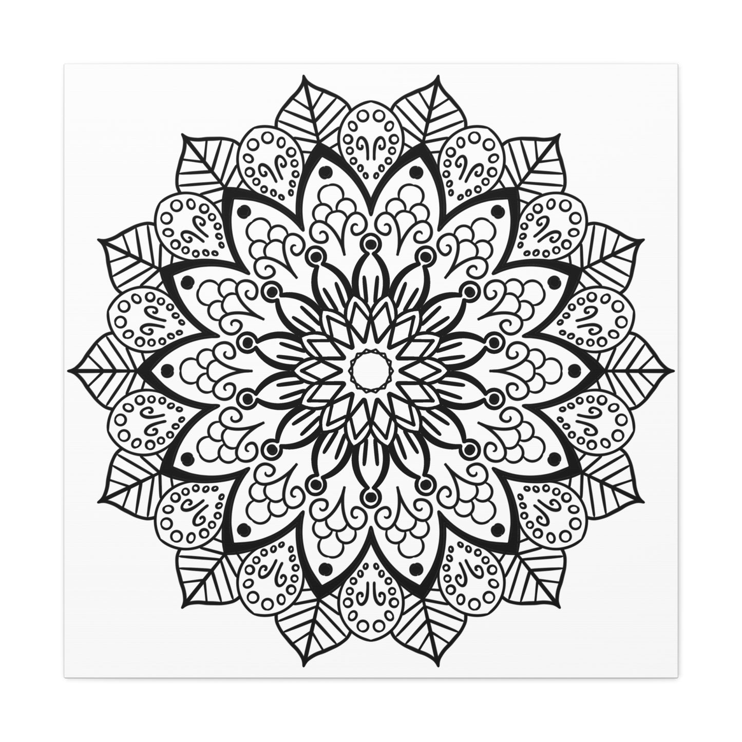 Handmade black and white mandala art on matte canvas, stretched and 125 inches thick