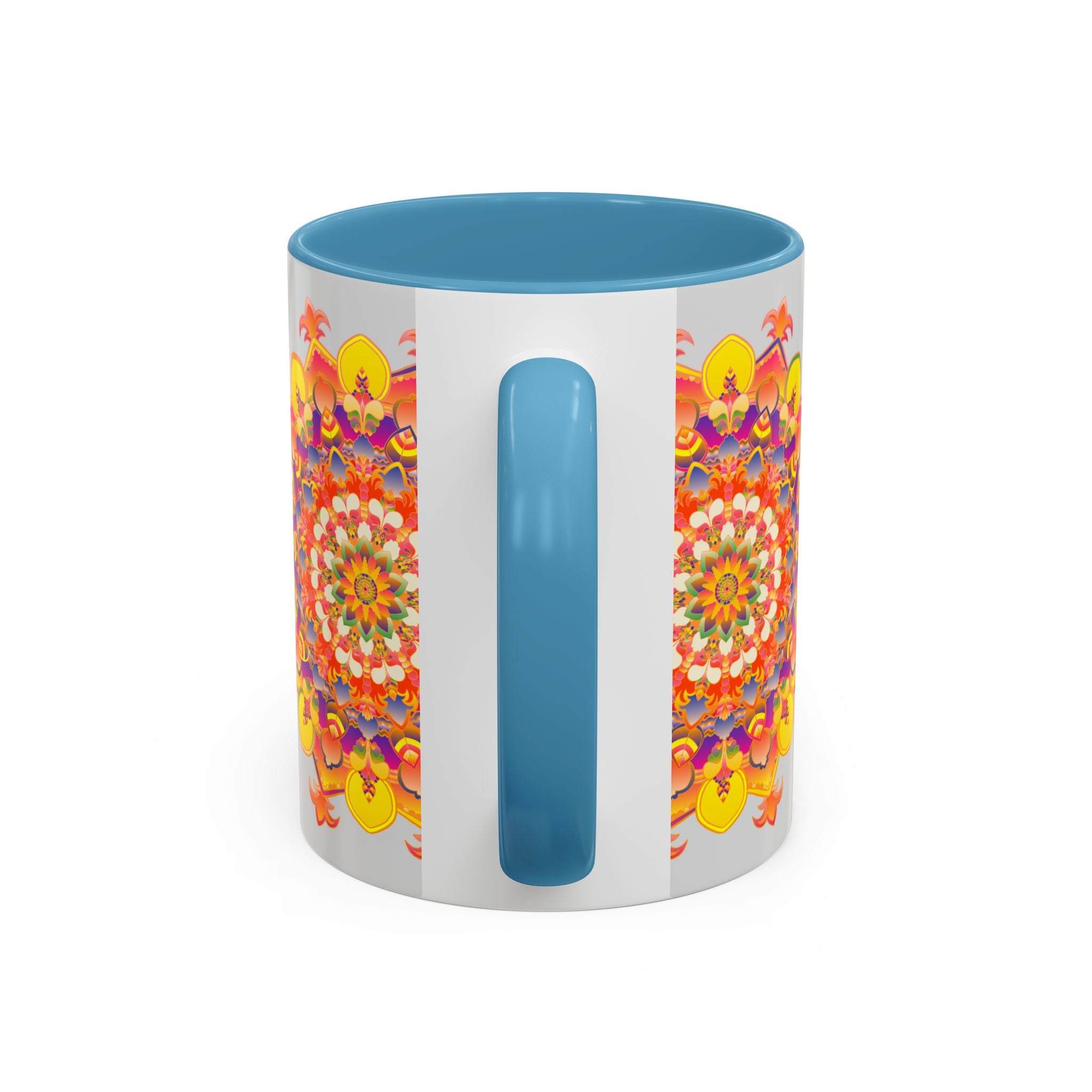 A close-up image of a vibrant mandala mug featuring colorful and intricate art designs