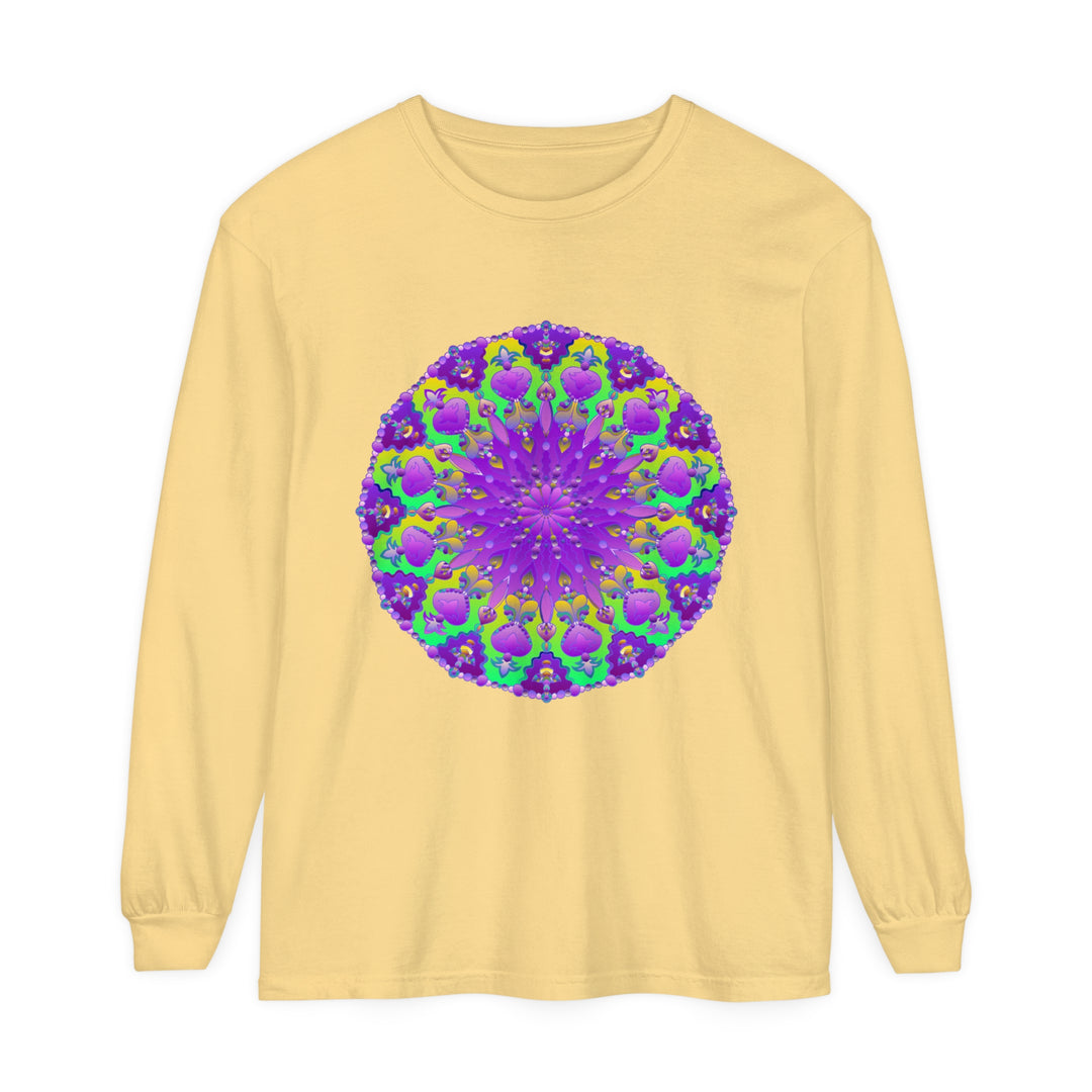 Beautiful long sleeve t-shirt featuring a purple and green mandala design