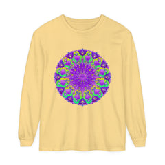 Beautiful long sleeve t-shirt featuring a purple and green mandala design