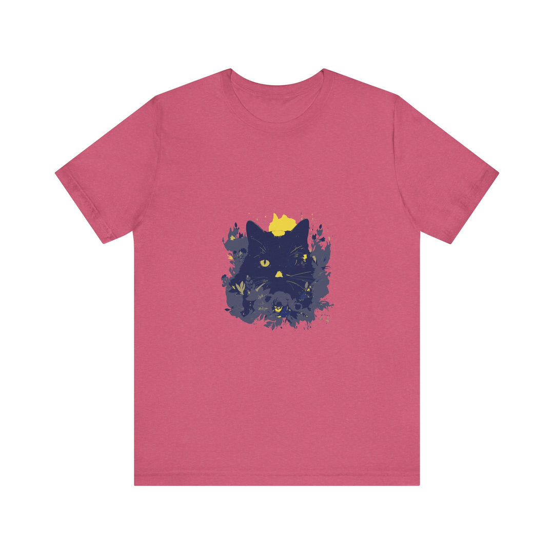 A black cat with a mysterious expression wearing a whimsical flower-patterned t-shirt