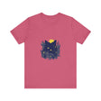 A black cat with a mysterious expression wearing a whimsical flower-patterned t-shirt
